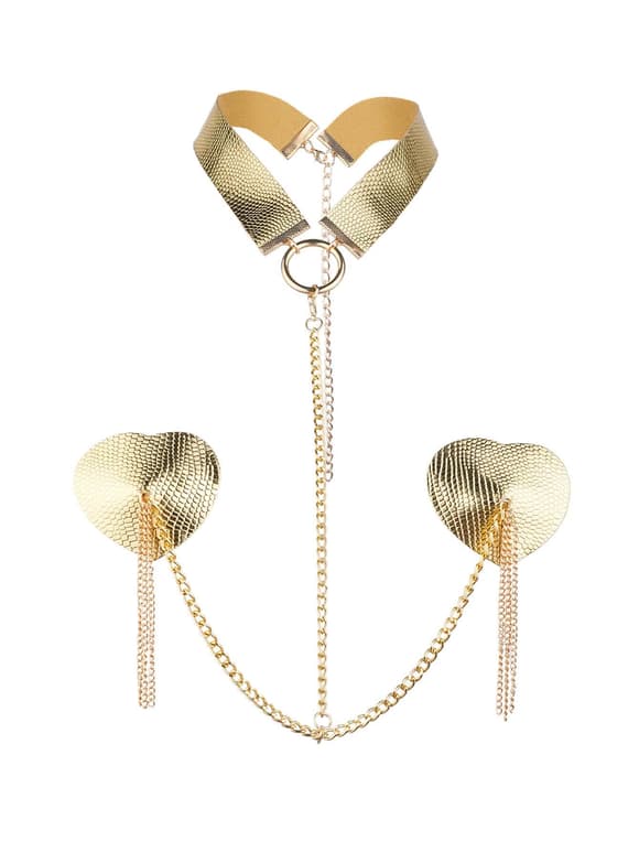 Пестис-сердечка з пензликами та чокером JSY Nipple Sticker RT236114 Golden