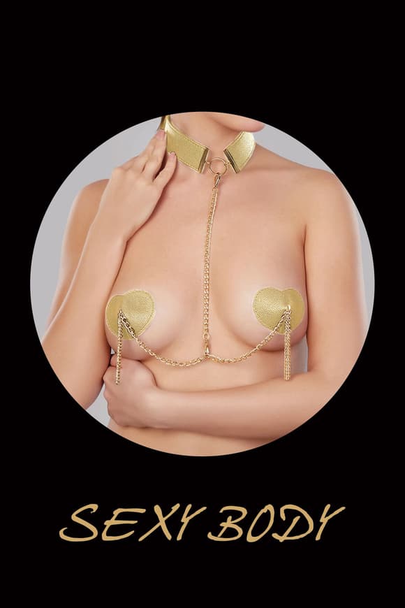Пестис-сердечка з пензликами та чокером JSY Nipple Sticker RT236114 Golden