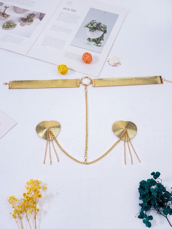 Пестис-сердечка з пензликами та чокером JSY Nipple Sticker RT236114 Golden