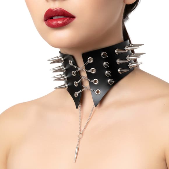 Чокер-комір з шипами Art of Sex - Ariadne, натуральна шкіра, колір чорний, XS-M