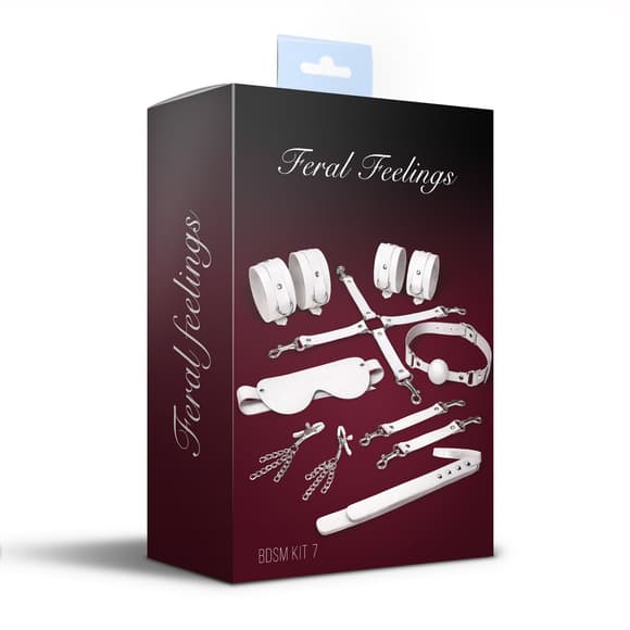 Набір Feral Feelings BDSM Kit 7 White, наручники, поножі, конектор, маска, падл, кляп, затискачі