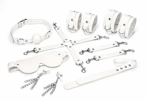 Набір Feral Feelings BDSM Kit 7 White, наручники, поножі, конектор, маска, падл, кляп, затискачі