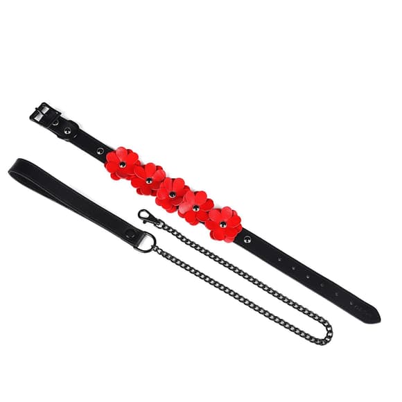 Ошейник с поводком Liebe Seele Flower Rhythm - Black and Red Leather Flowers collar with Leash